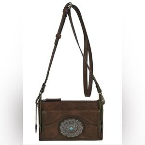 TONY LAMA MEGA WALLET (RFID) ON ADJ STRAP BROWN W CONCHO & Turquoise Accent NWT
